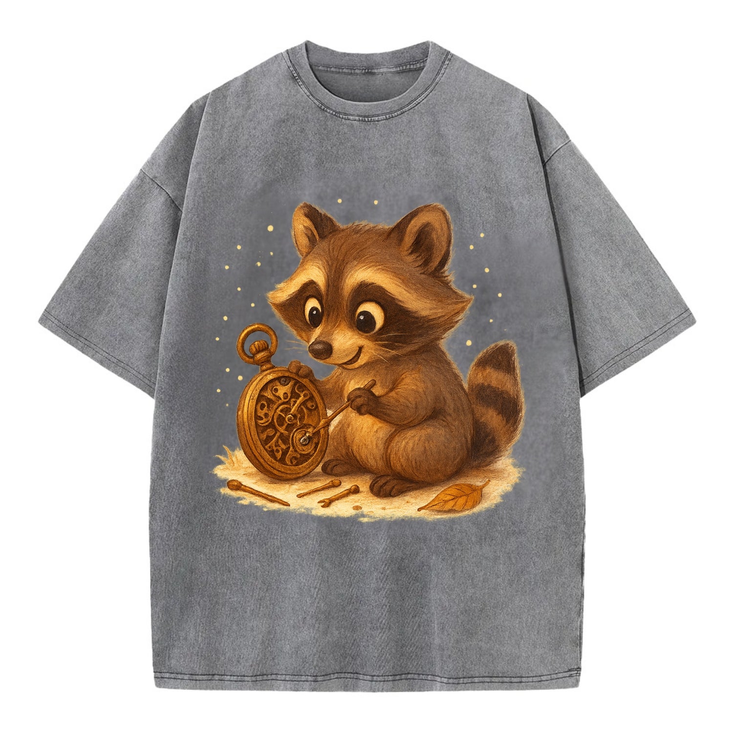 Raccoon tinkering with a steampunk pocket watch using tiny brass tools - Vintage T-shirt - Grey