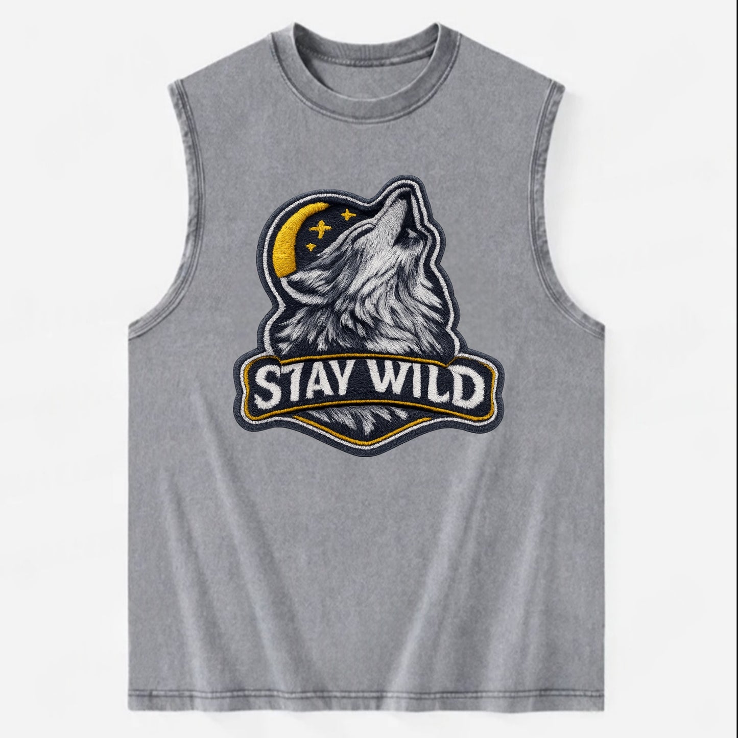 STAY WILD - wolf with text in gray , free spirit - Vintage Washed Tank - Grey