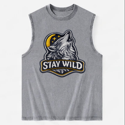 STAY WILD - wolf with text in gray , free spirit - Vintage Washed Tank - Grey