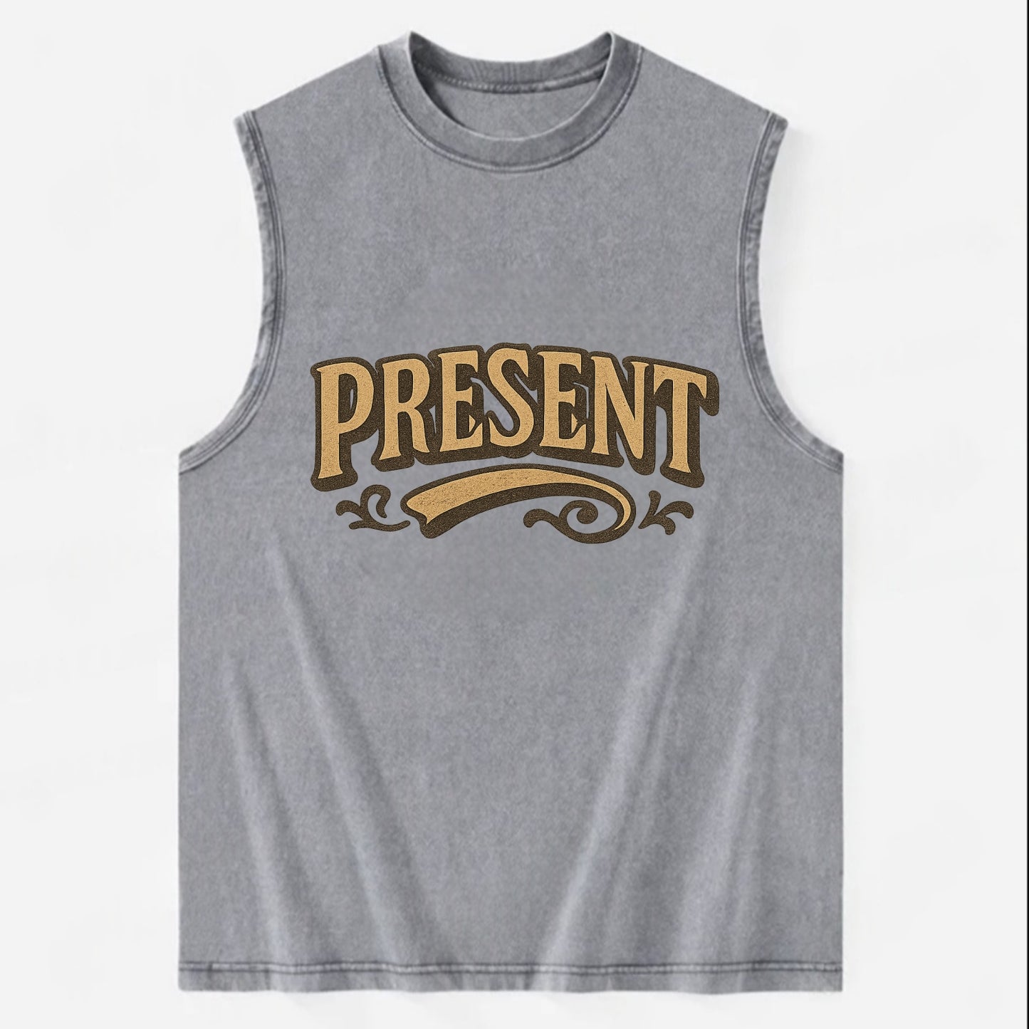 Bold typography design - "PRESENT" - living in the now - Vintage Washed Tank - Grey