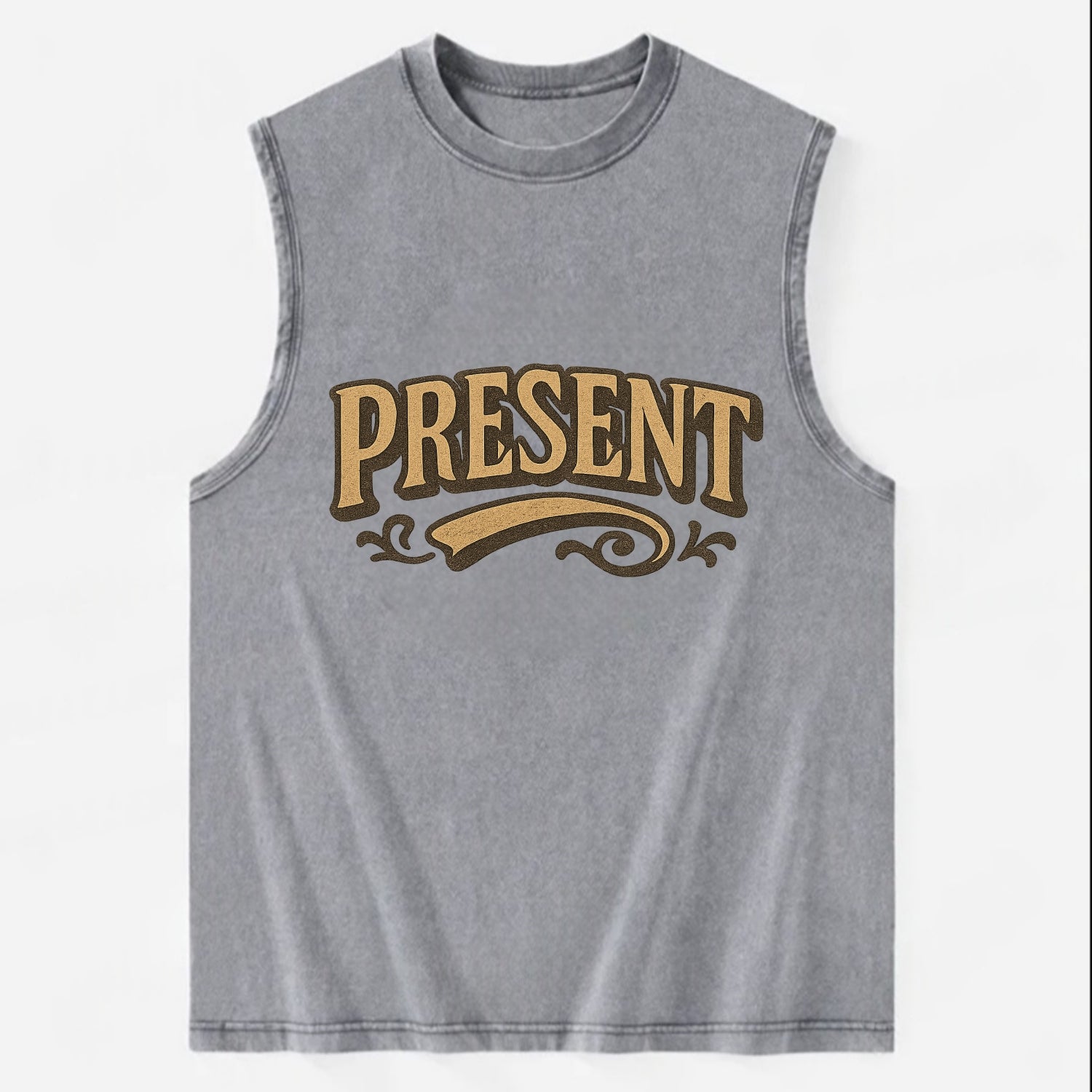 Bold typography design - "PRESENT" - living in the now - Vintage Washed Tank - Grey