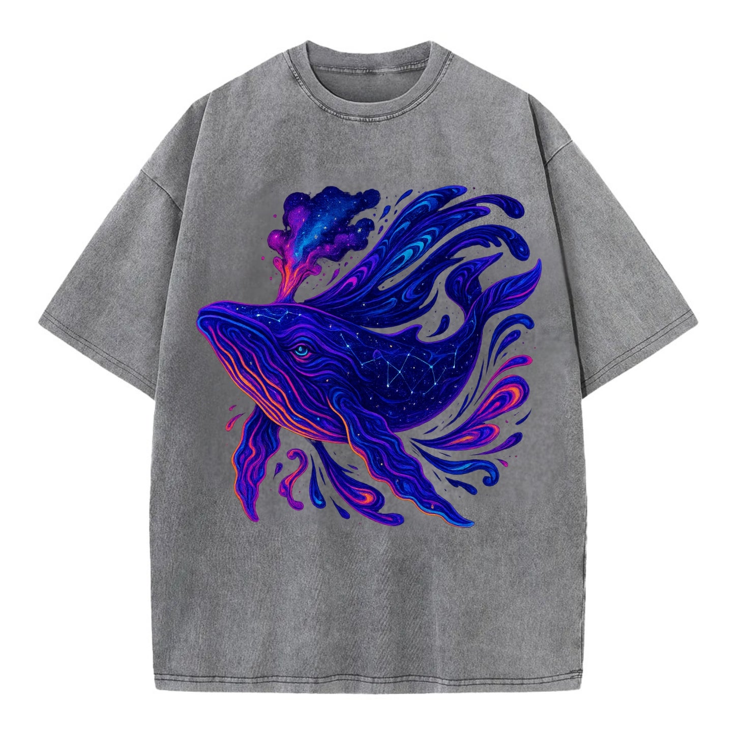 Majestic whale with body composed of galaxy clusters, stellar fins flowing like - Vintage T-shirt - Grey
