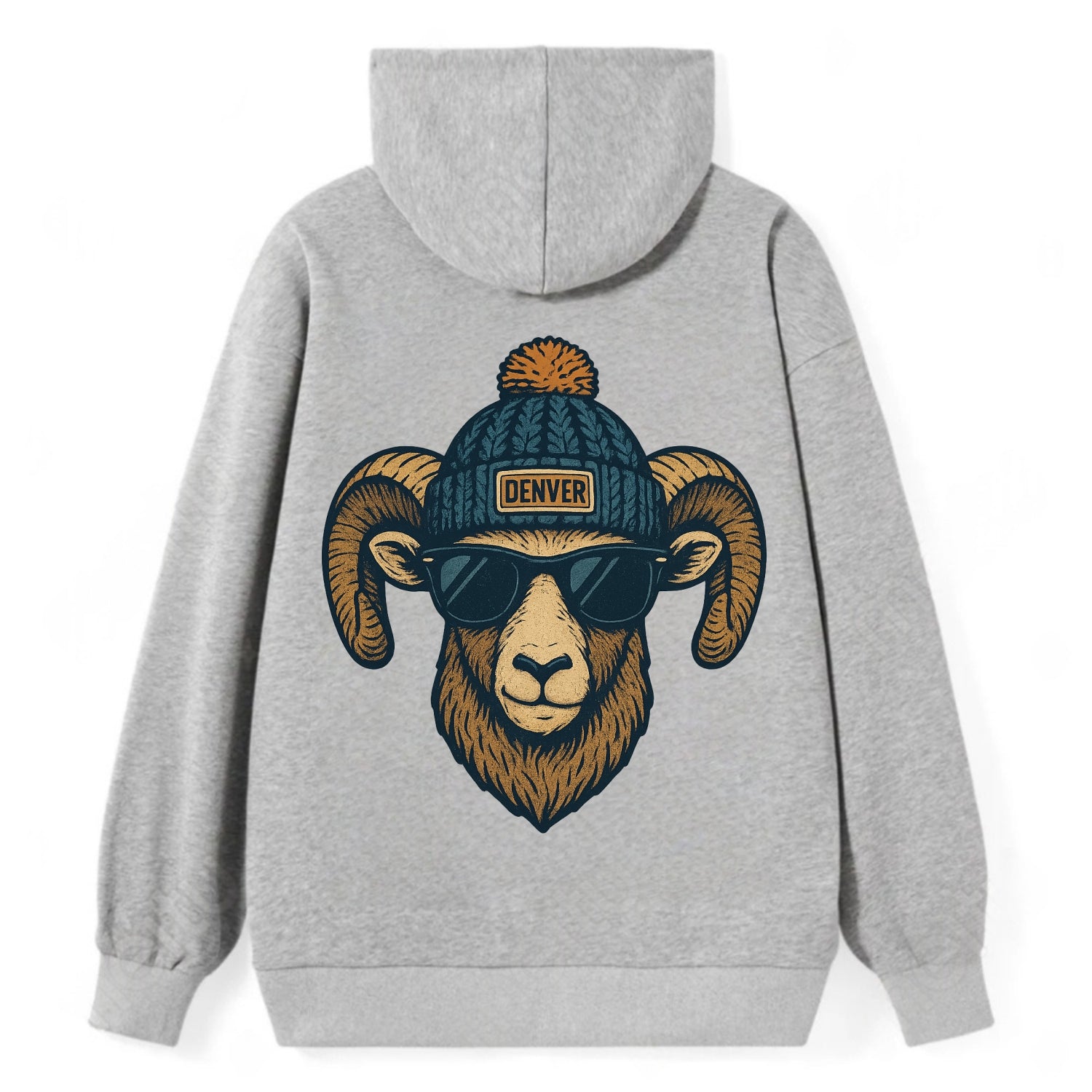 Colorado Rocky Mountain Bighorn Sheep wearing Denver beanie with pom pom - Classic Pullover Hoodie - Grey