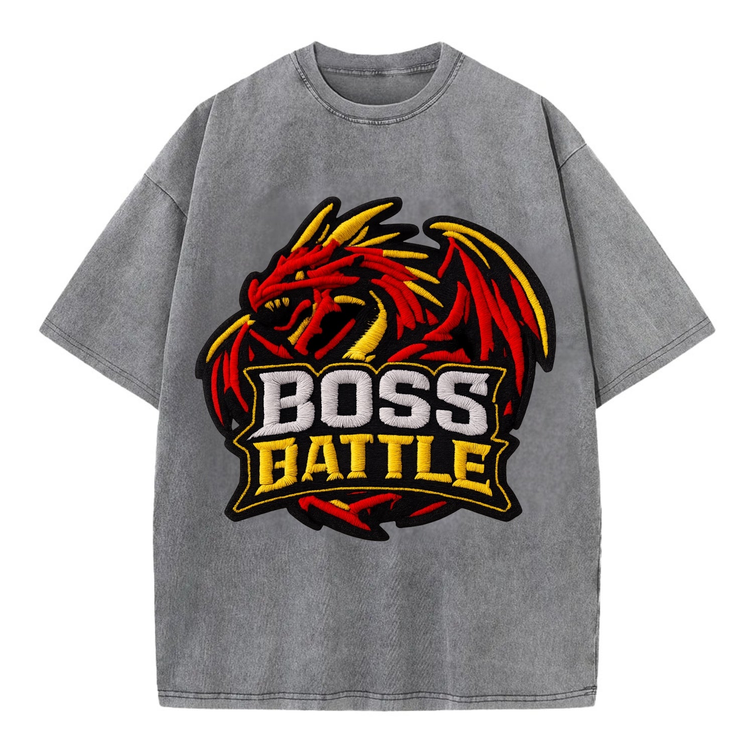 BOSS BATTLE - dragon silhouette in red and gold , raid - Vintage T-shirt - Grey