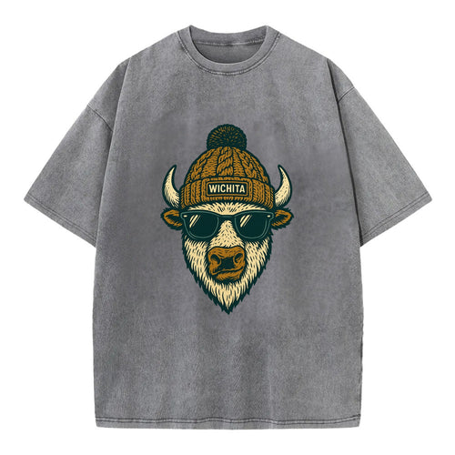 Kansas American Bison wearing Wichita beanie with pom pom and wayfarer sunglasses - Vintage T-shirt