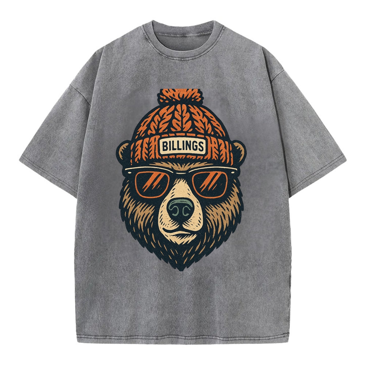 Montana Grizzly Bear wearing Billings beanie with pom pom and wayfarer sunglasses - Vintage T-shirt - Grey