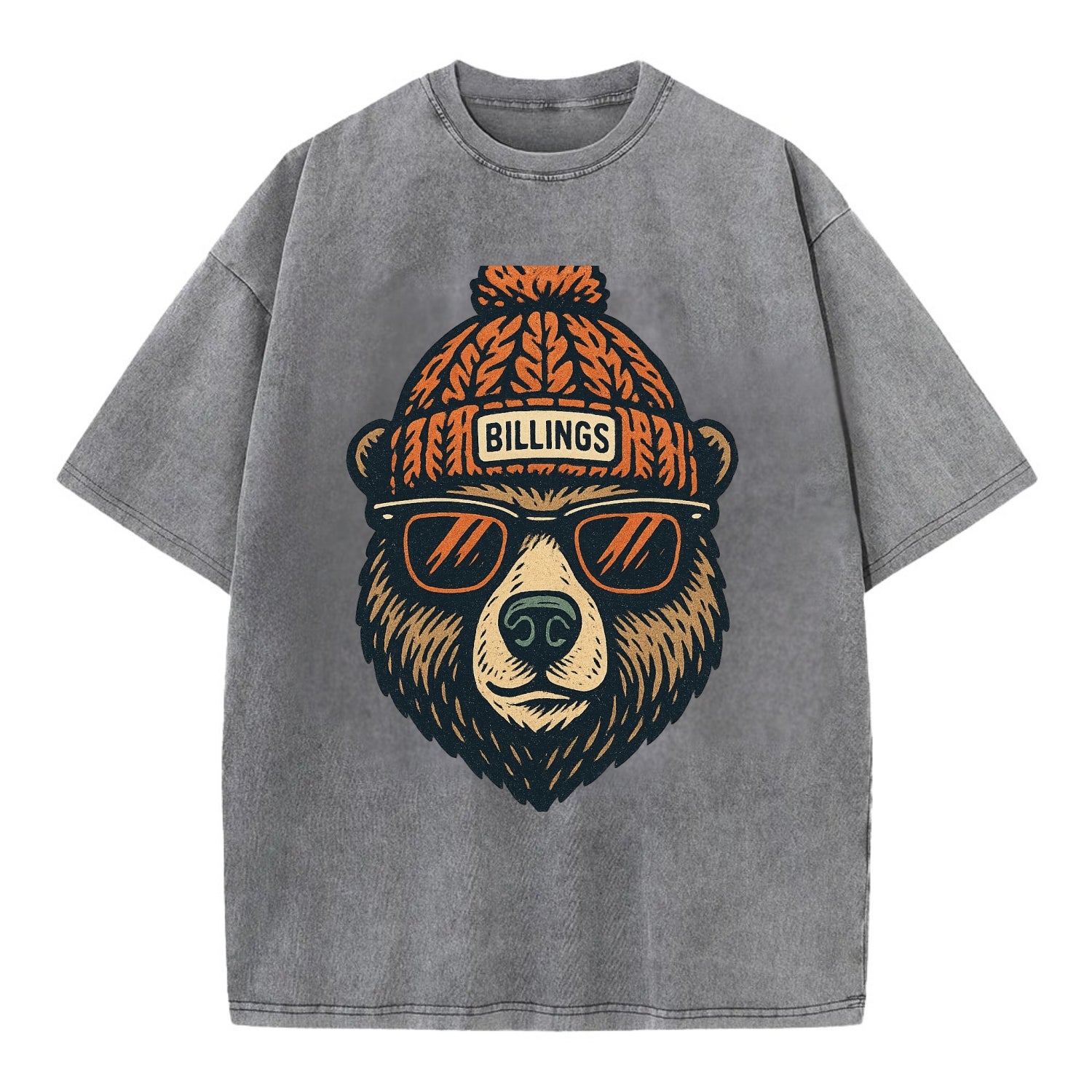 Montana Grizzly Bear wearing Billings beanie with pom pom and wayfarer sunglasses - Vintage T-shirt - Grey
