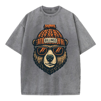 Montana Grizzly Bear wearing Billings beanie with pom pom and wayfarer sunglasses - Vintage T-shirt - Grey
