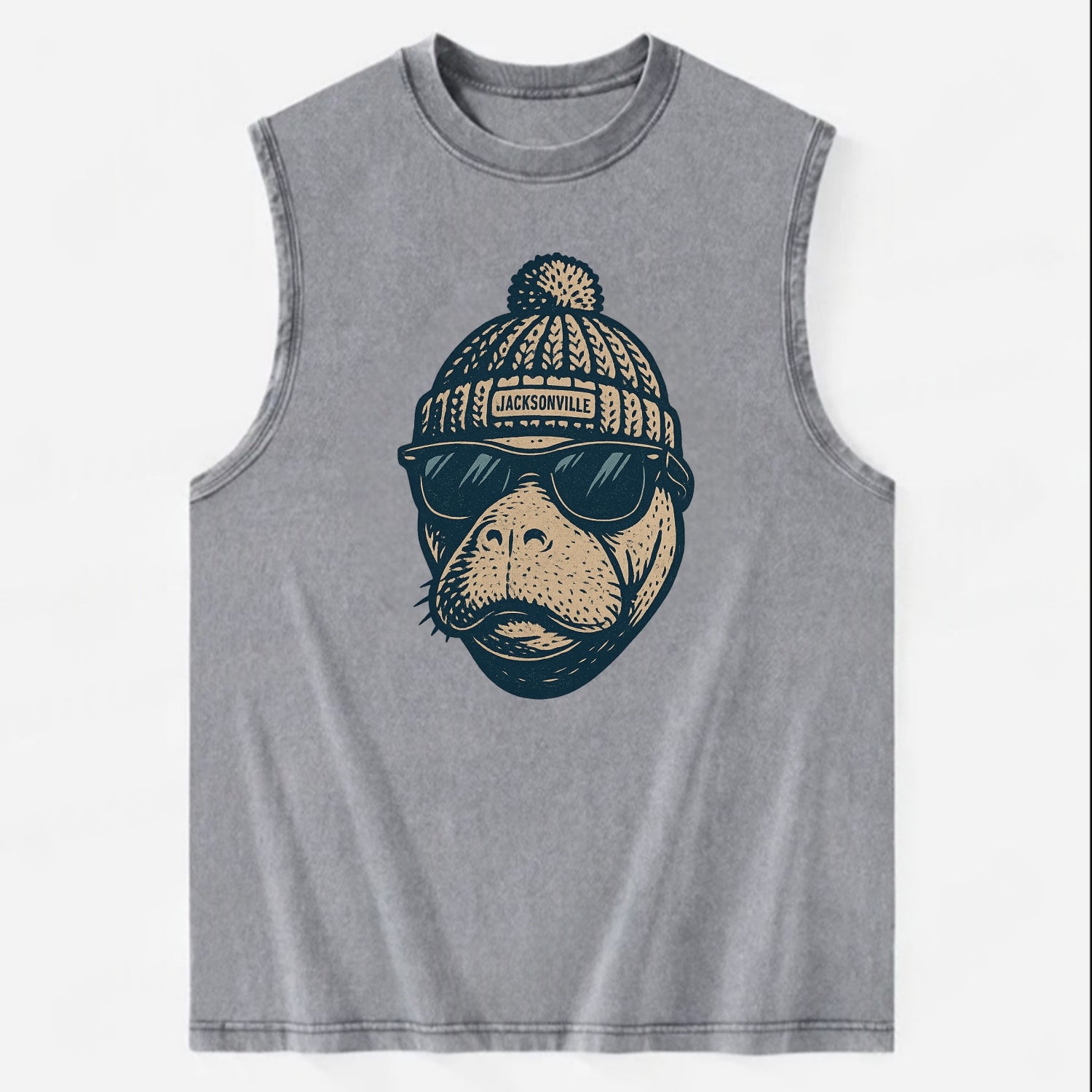 Jacksonville Manatee wearing Jacksonville beanie with pom pom and wayfarer - Vintage Washed Tank - Grey