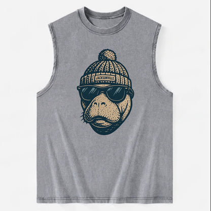 Jacksonville Manatee wearing Jacksonville beanie with pom pom and wayfarer - Vintage Washed Tank - Grey