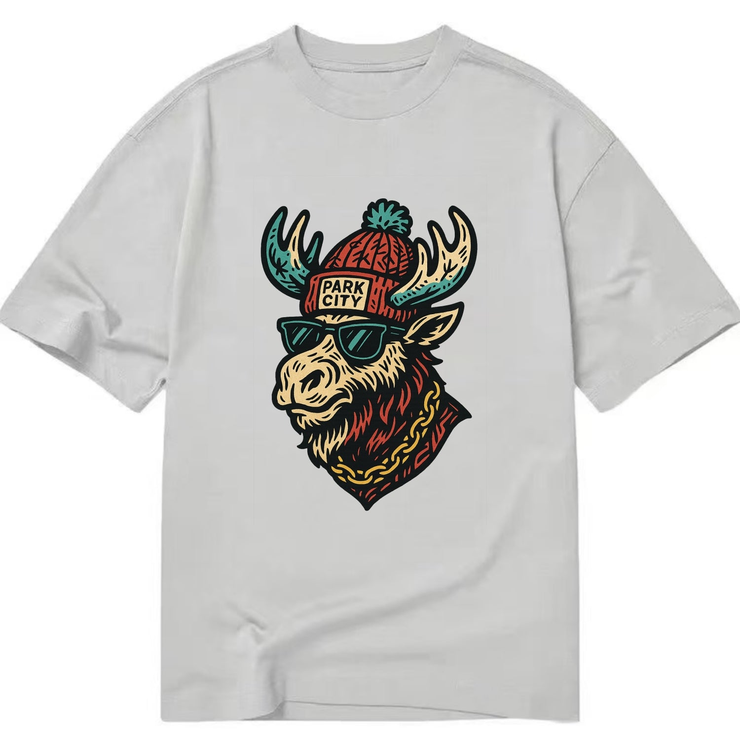 Park City Moose wearing Park City beanie with pom pom and wayfarer sunglasses - Classic T-shirt - Grey