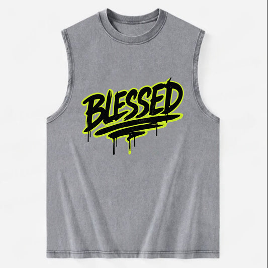 Bold typography design - "BLESSED" - recognizing good fortune, abundance - Vintage Washed Tank - Grey