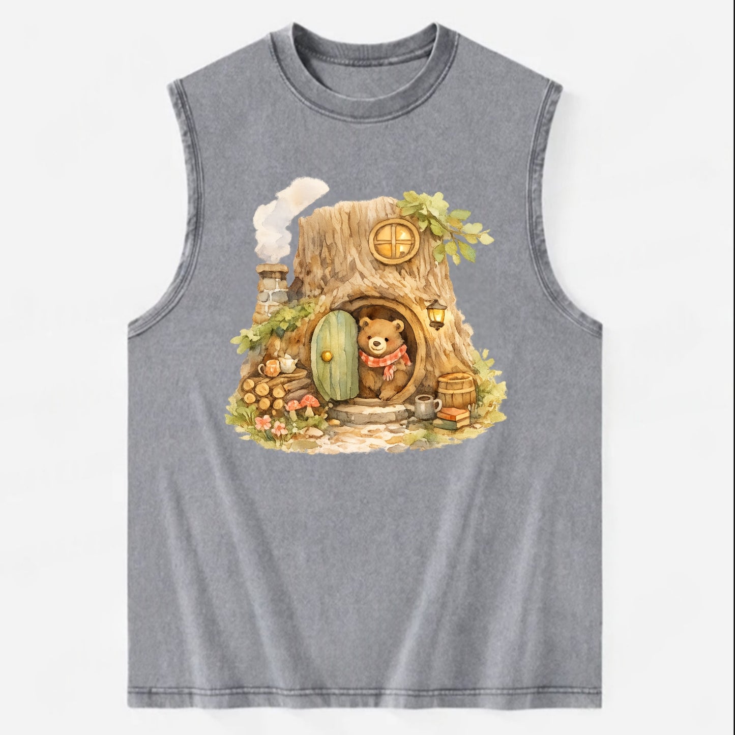 TREE HOME | Bear's home in hollow tree | Round door | Chimney smoke | - Vintage Washed Tank - Grey