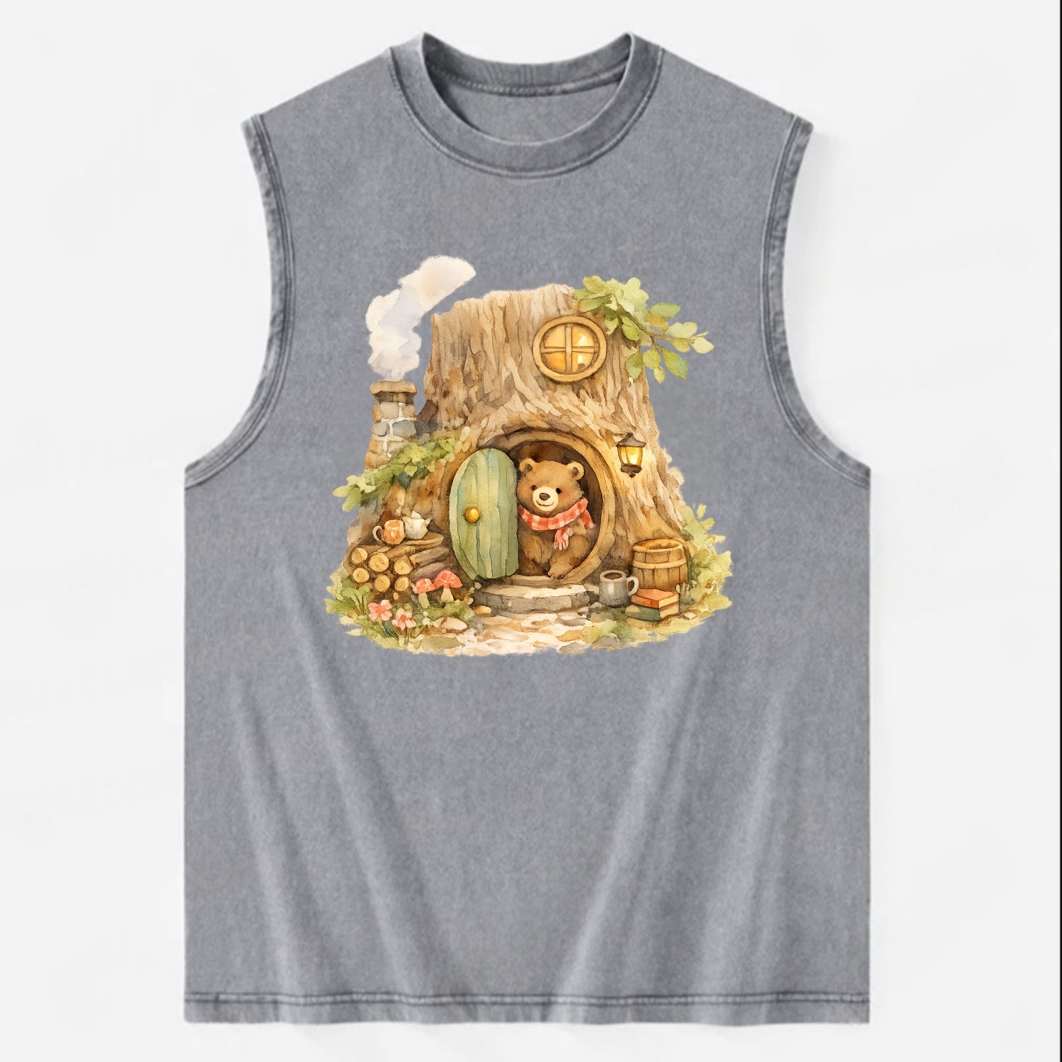 TREE HOME | Bear's home in hollow tree | Round door | Chimney smoke | - Vintage Washed Tank - Grey