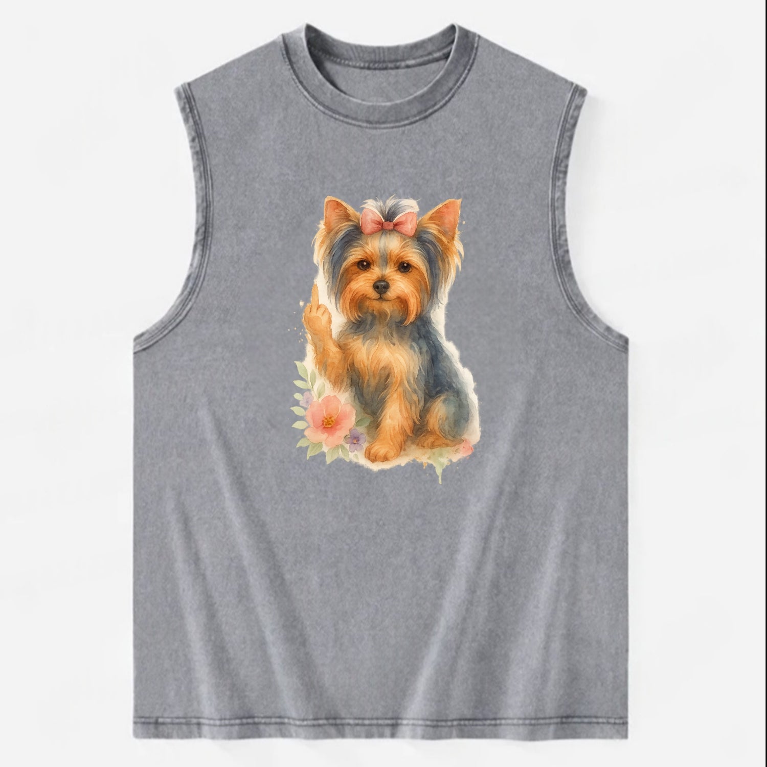 Yorkshire Terrier with topknot bow, one delicate paw flipping off - Vintage Washed Tank - Grey