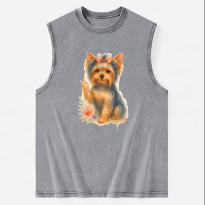Yorkshire Terrier with topknot bow, one delicate paw flipping off - Vintage Washed Tank - Grey