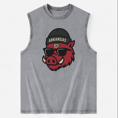 Fayetteville Razorback wearing Arkansas beanie with hog patch - Vintage Washed Tank