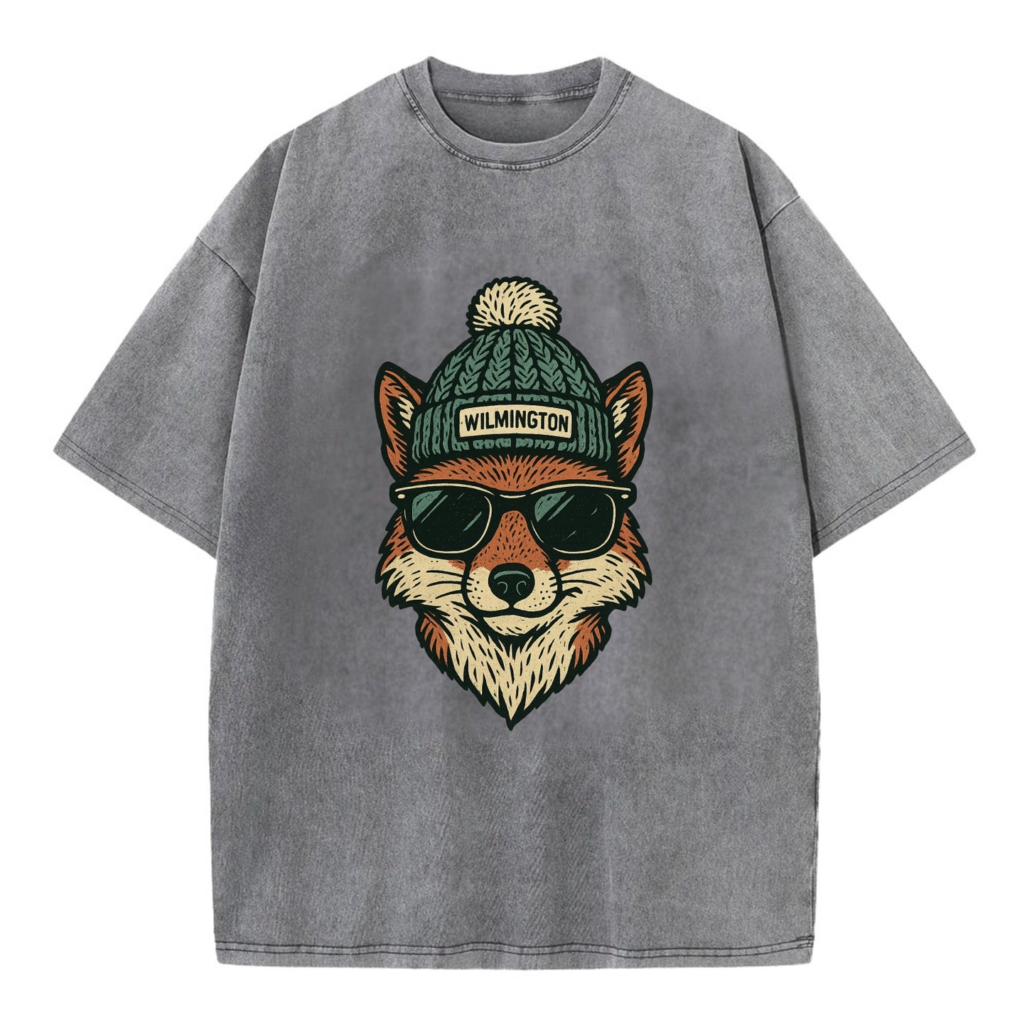 Delaware Gray Fox wearing Wilmington beanie with pom pom and wayfarer sunglasses - Vintage T-shirt - Grey