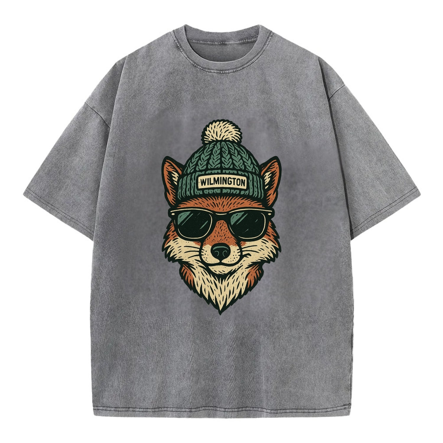 Delaware Gray Fox wearing Wilmington beanie with pom pom and wayfarer sunglasses - Vintage T-shirt - Grey