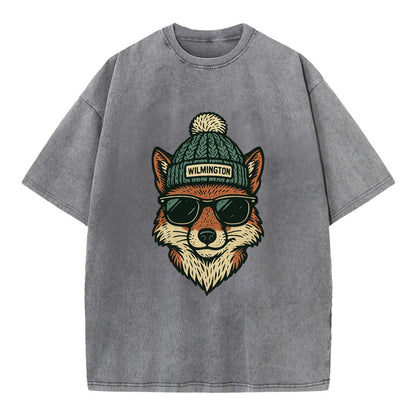 Delaware Gray Fox wearing Wilmington beanie with pom pom and wayfarer sunglasses - Vintage T-shirt - Grey