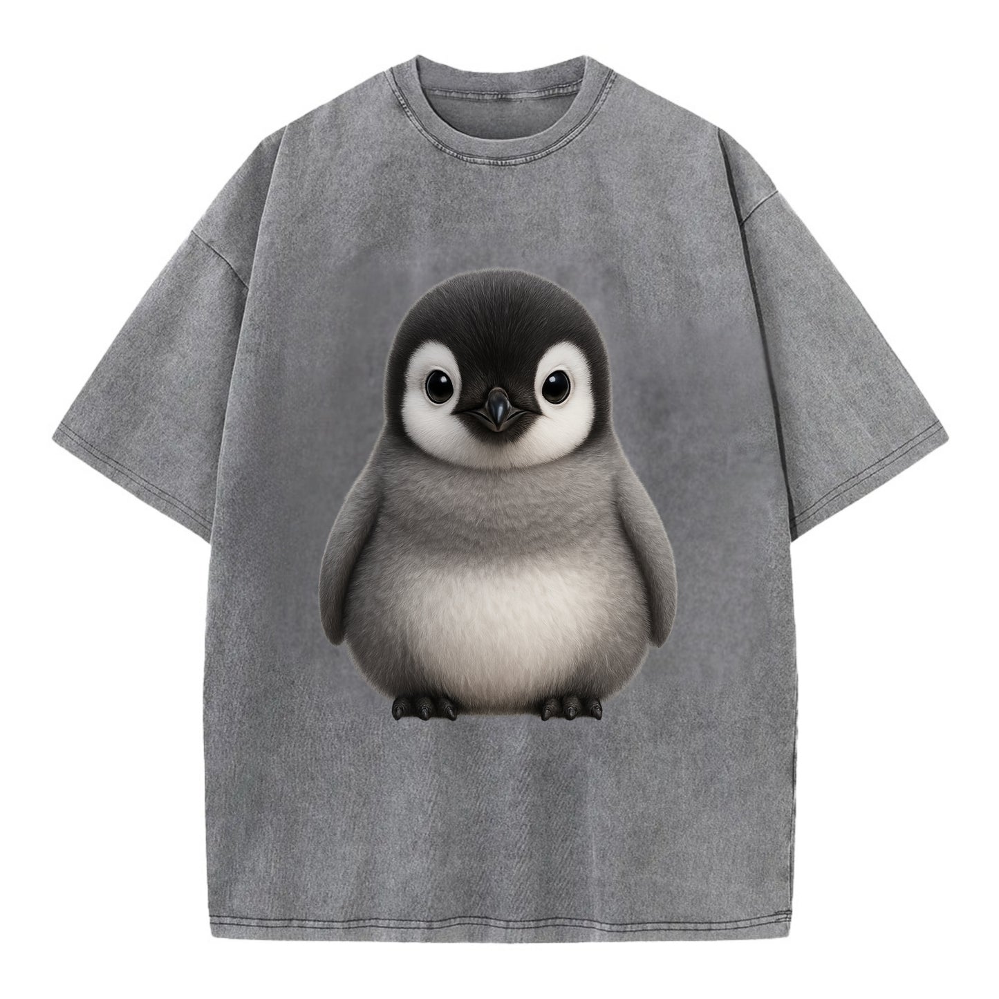 Baby Adelie Penguin - black and white, round body, curious eyes, front-facing, - Vintage T-shirt - Grey