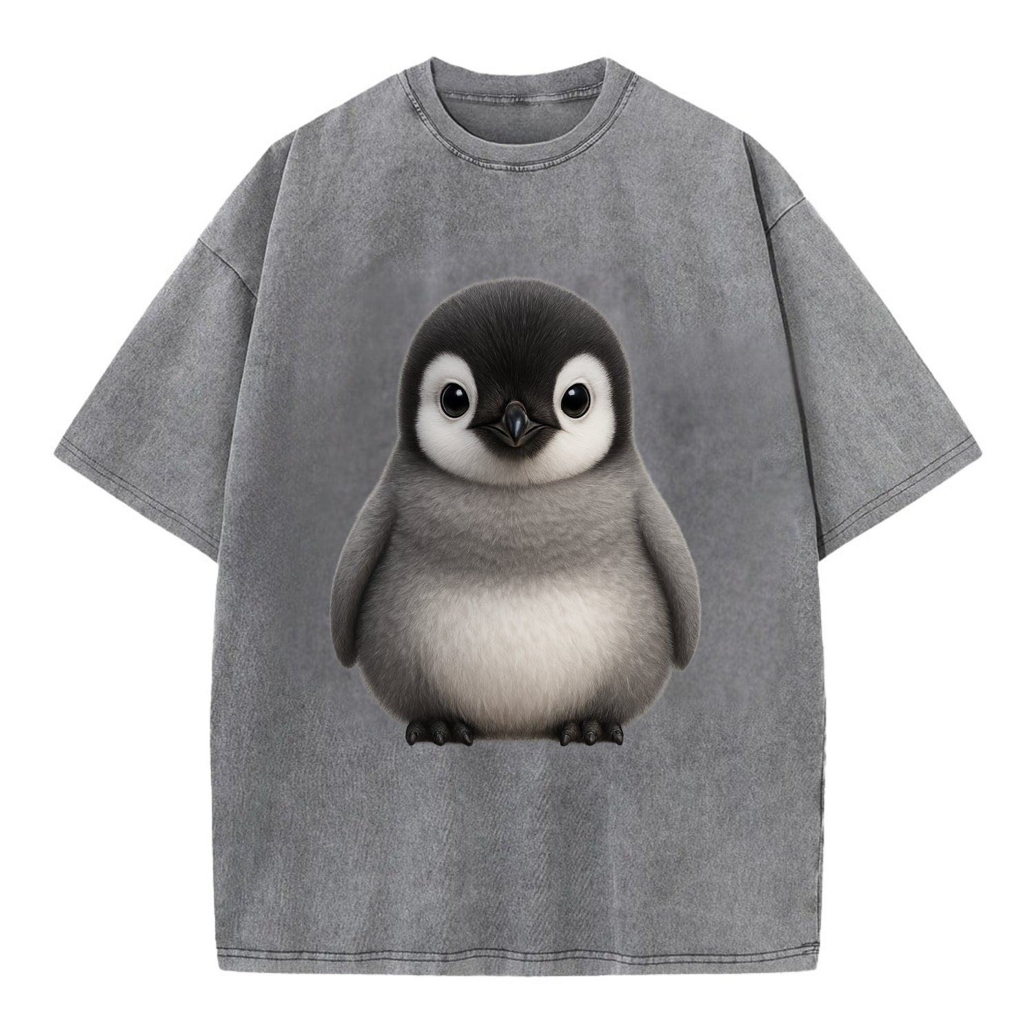 Baby Adelie Penguin - black and white, round body, curious eyes, front-facing, - Vintage T-shirt - Grey