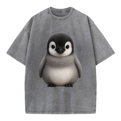 Baby Adelie Penguin - black and white, round body, curious eyes, front-facing, - Vintage T-shirt - Grey