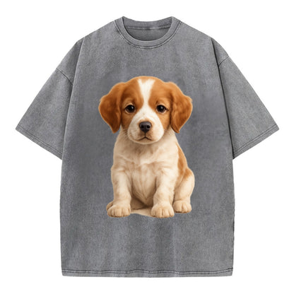 Baby Brittany Puppy - orange and white, compact, bright eyes, feathered, - Vintage T-shirt - Grey