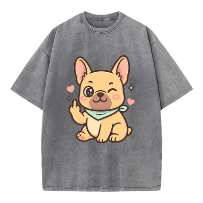 French Bulldog sitting with bat ears up, strong paw with sass - Vintage T-shirt - Grey