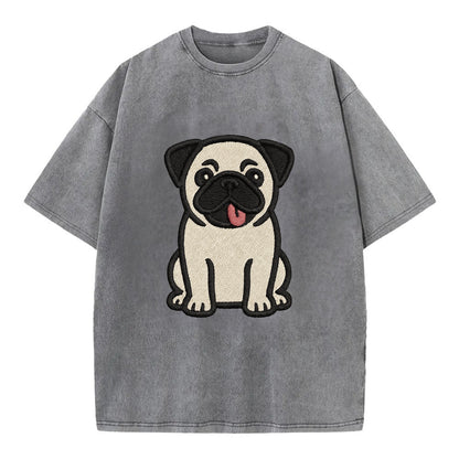 Pug - Tilted head with tongue out - Vint Vintage T-shirt - Grey