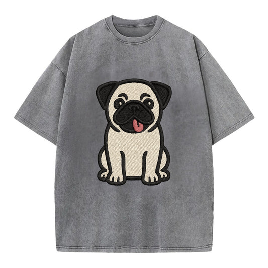 Pug - Tilted head with tongue out - Vint Vintage T-shirt - Grey