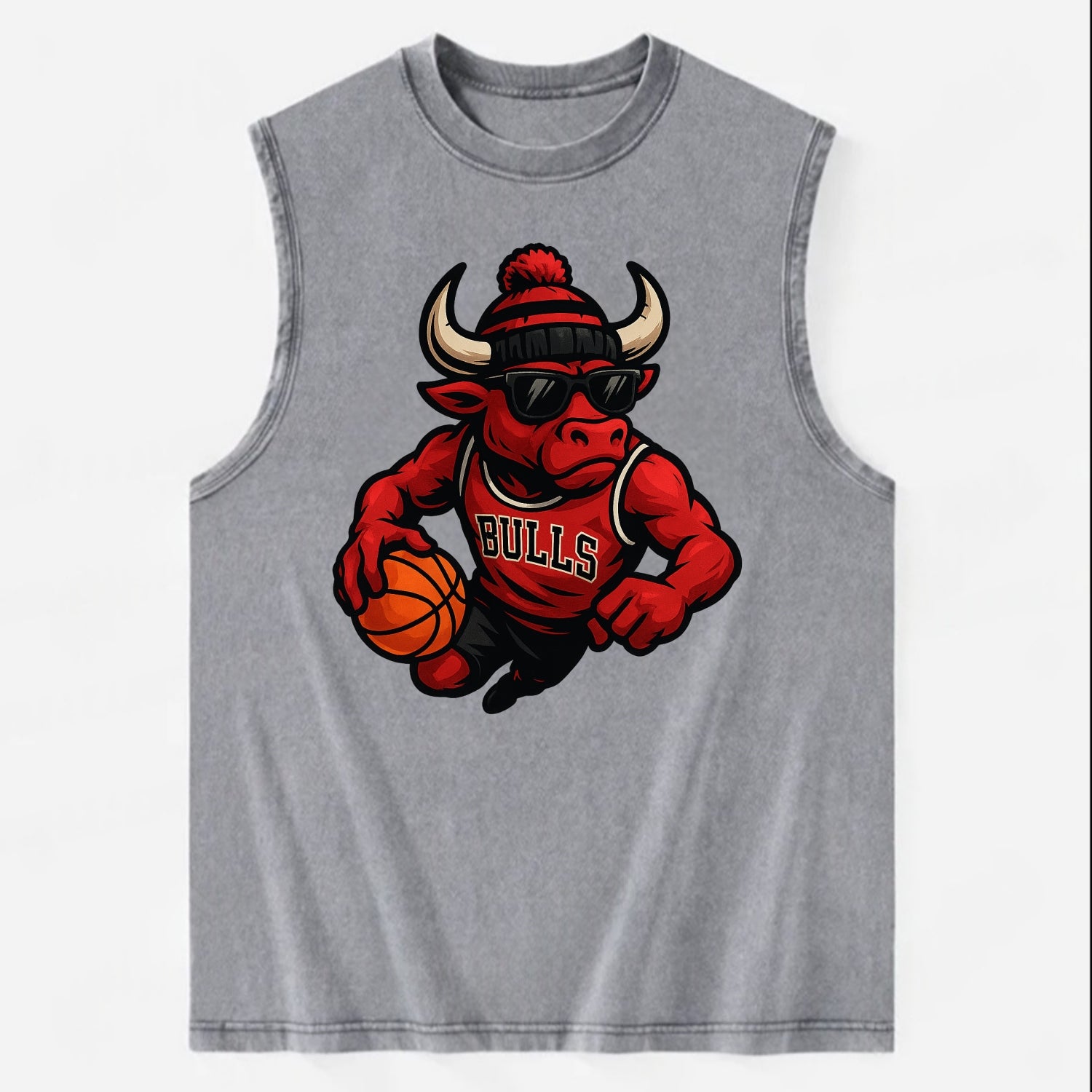 Chicago Bull wearing Bulls red and black beanie with horns design and - Vintage Washed Tank - Grey