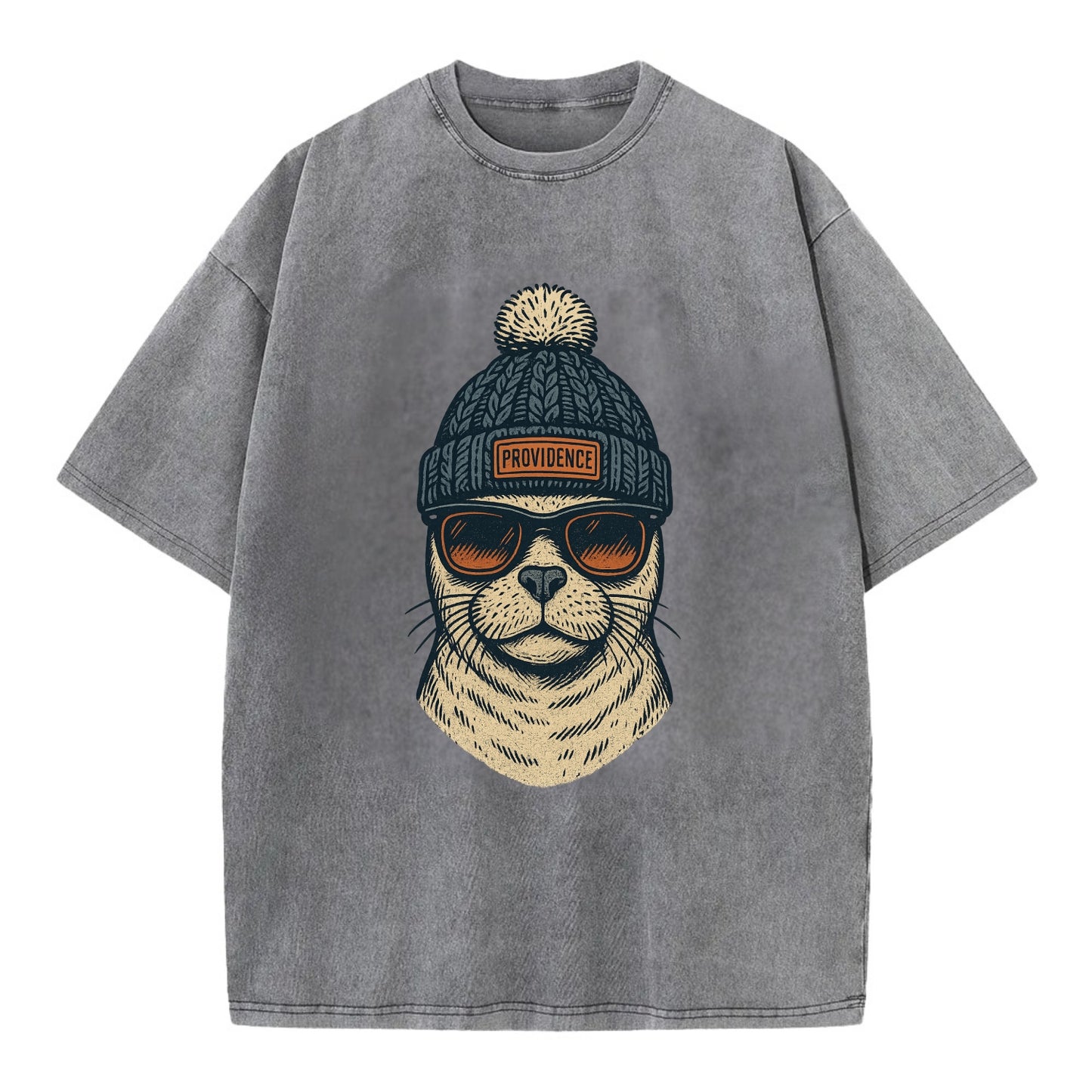 Rhode Island Harbor Seal wearing Providence beanie with pom pom and wayfarer - Vintage T-shirt - Grey