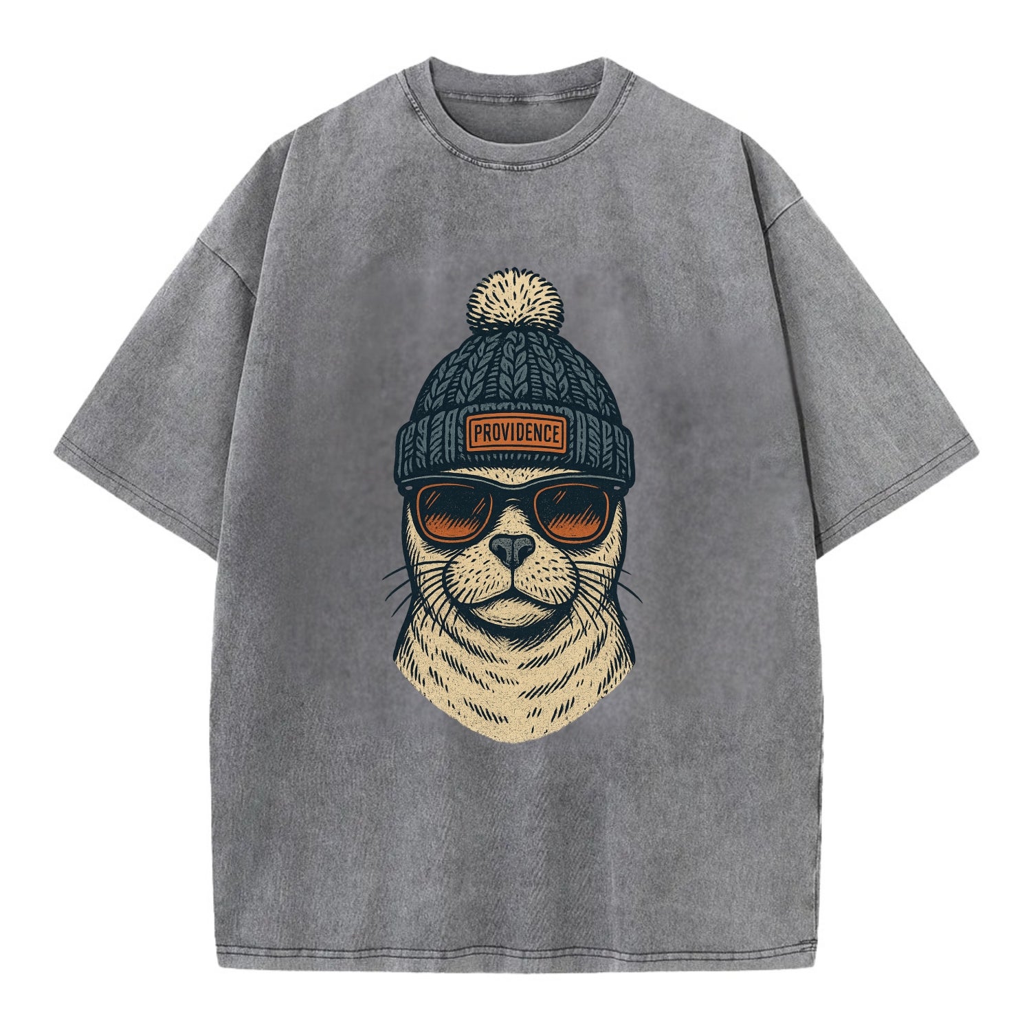 Rhode Island Harbor Seal wearing Providence beanie with pom pom and wayfarer - Vintage T-shirt - Grey