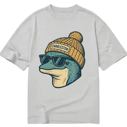 Charleston Dolphin wearing Charleston beanie with pom pom and wayfarer sunglasses - Classic T-shirt - Grey