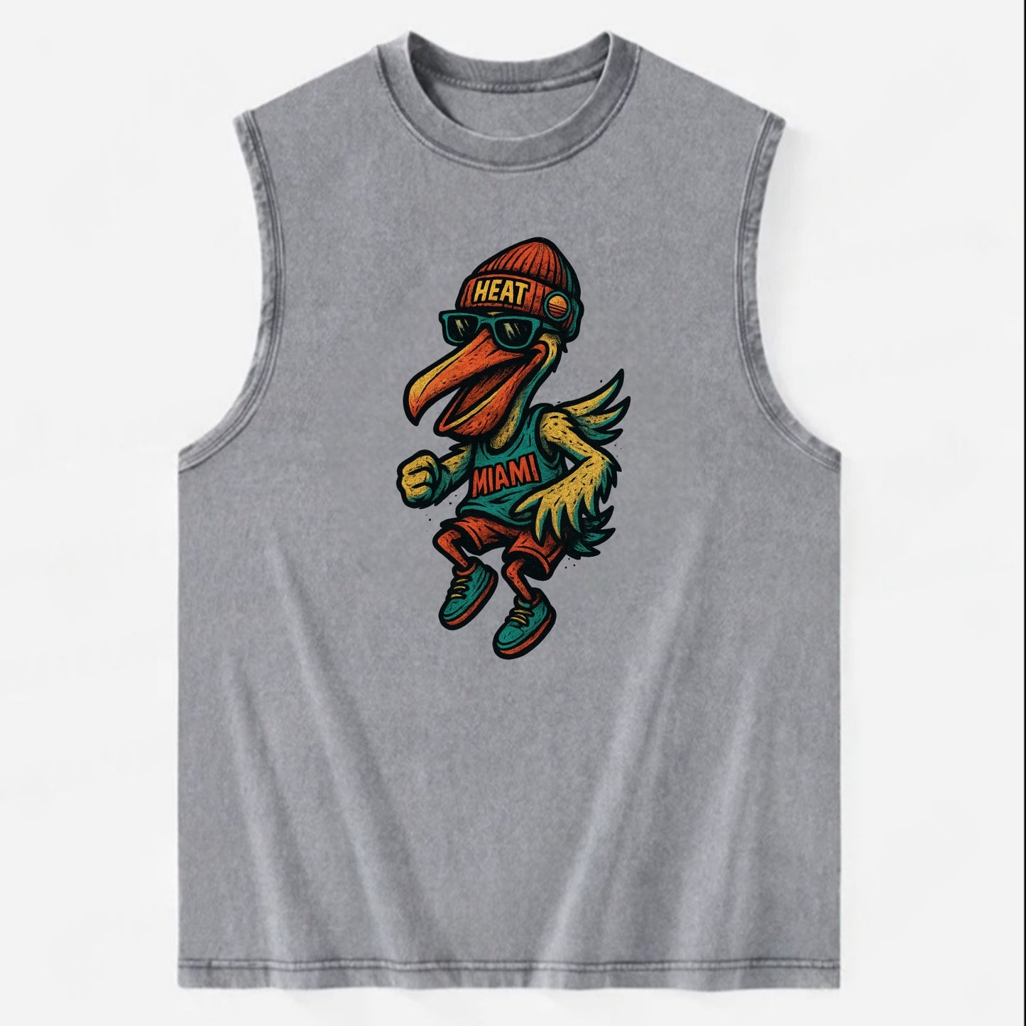 Miami Pelican wearing Heat beanie with sunset patch and wayfarer sunglasses - Vintage Washed Tank - Grey