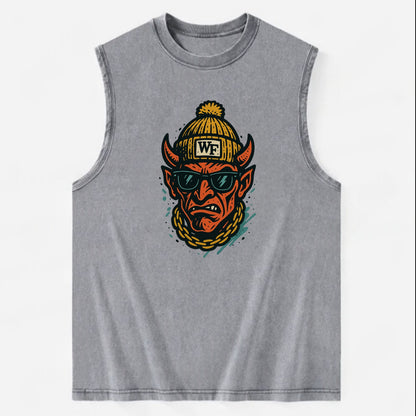 Winston-Salem Demon wearing Wake Forest beanie with WF patch - Vintage Washed Tank - Grey