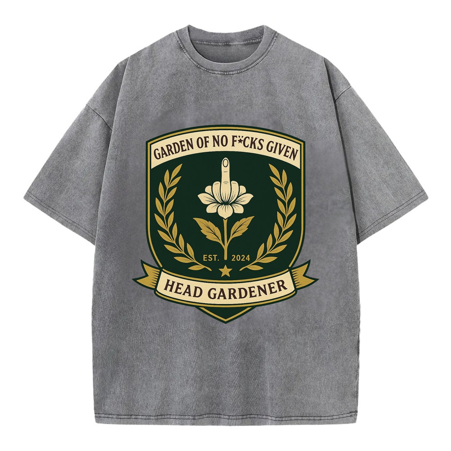 Shield with middle finger flower - "Garden of No F*cks Given - Head Gardener" - - Vintage T-shirt - Grey