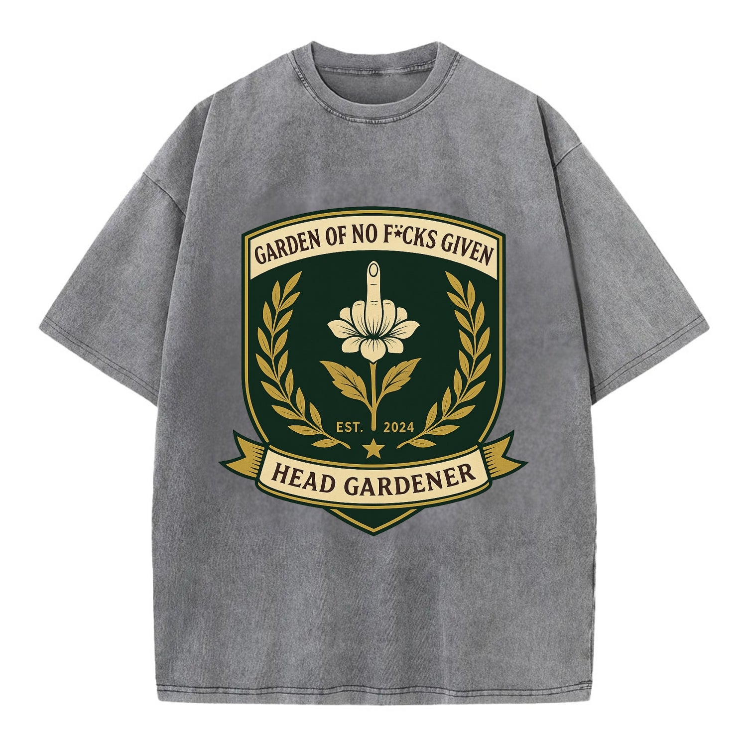 Shield with middle finger flower - "Garden of No F*cks Given - Head Gardener" - - Vintage T-shirt - Grey