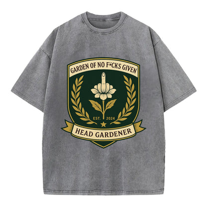 Shield with middle finger flower - "Garden of No F*cks Given - Head Gardener" - - Vintage T-shirt - Grey