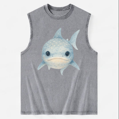 Baby Whale Shark - spotted blue-gray, wide mouth closed, tiny eyes, - Vintage Washed Tank - Grey