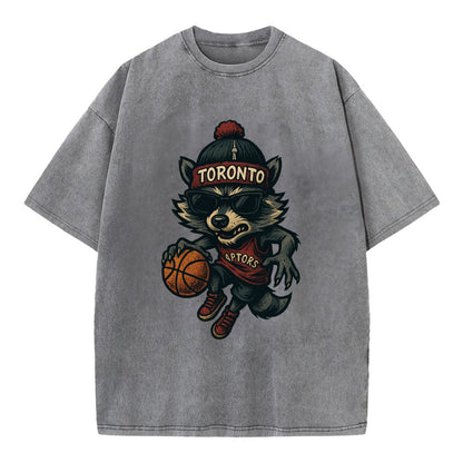 Toronto Raccoon wearing Raptors beanie with CN Tower patch and wayfarer sunglasses - Vintage T-shirt - Grey