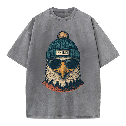 Philadelphia Eagle wearing Philly beanie with pom pom and wayfarer sunglasses - Vintage T-shirt - Grey