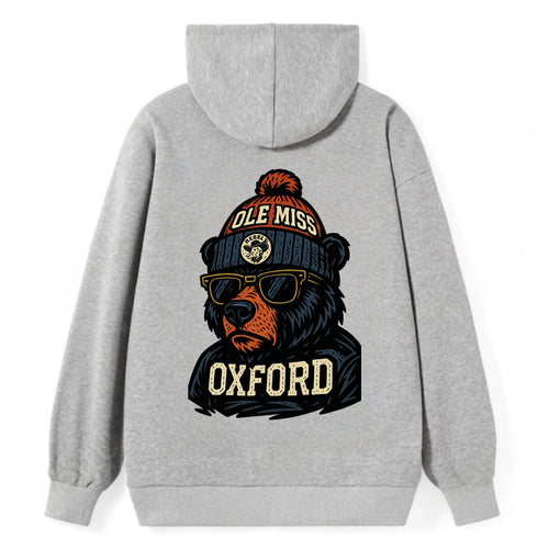 Oxford Black Bear wearing Ole Miss beanie with rebel patch - Classic Pullover Hoodie