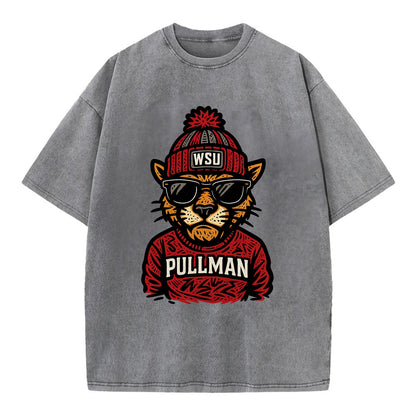 Pullman Cougar wearing Washington State beanie with WSU patch - Vintage T-shirt - Grey