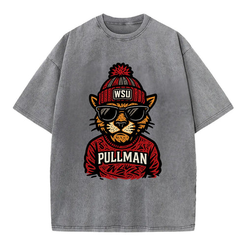 Pullman Cougar wearing Washington State beanie with WSU patch - Vintage T-shirt