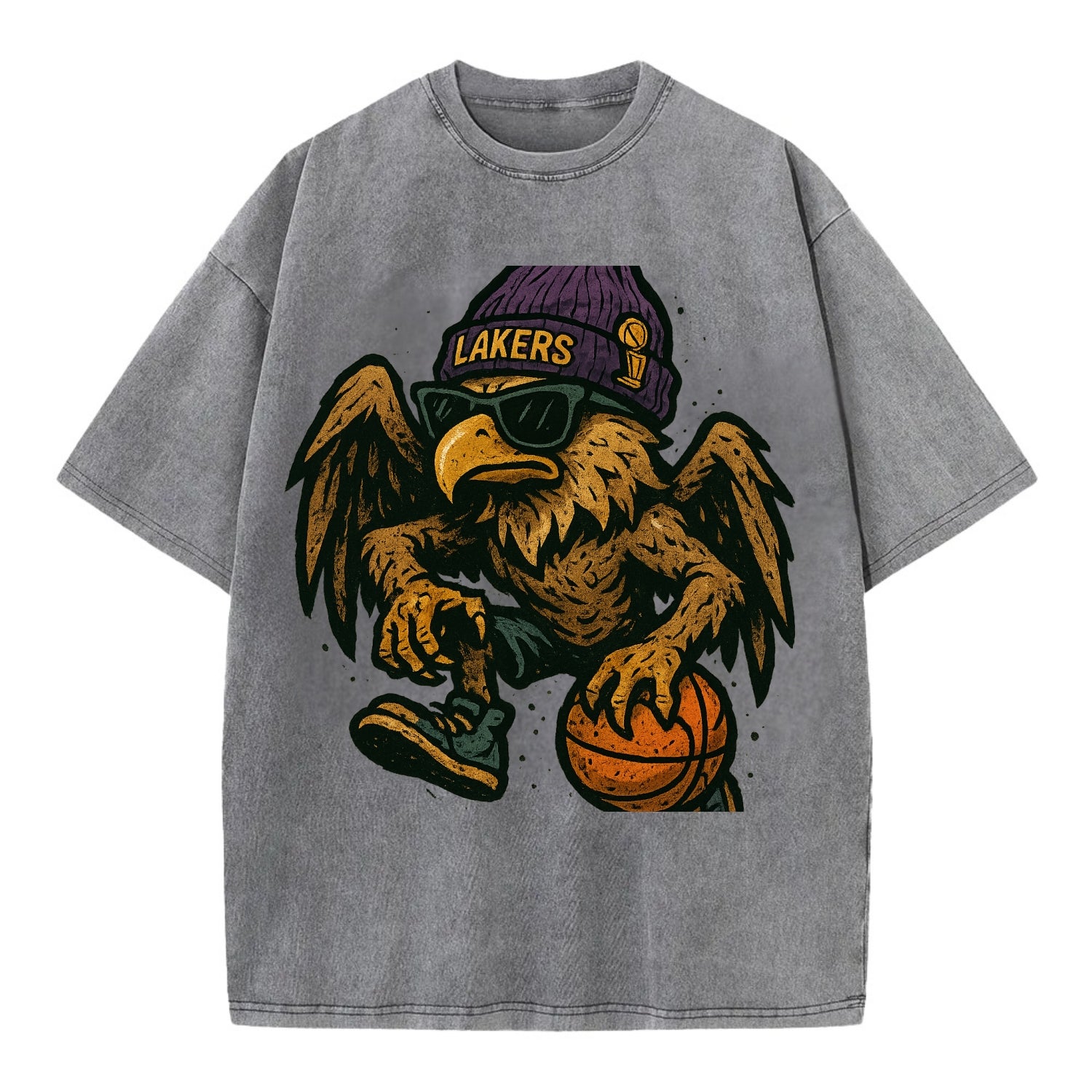 Los Angeles Golden Eagle wearing Lakers beanie with trophy patch and wayfarer - Vintage T-shirt - Grey