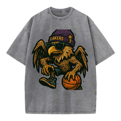 Los Angeles Golden Eagle wearing Lakers beanie with trophy patch and wayfarer - Vintage T-shirt - Grey
