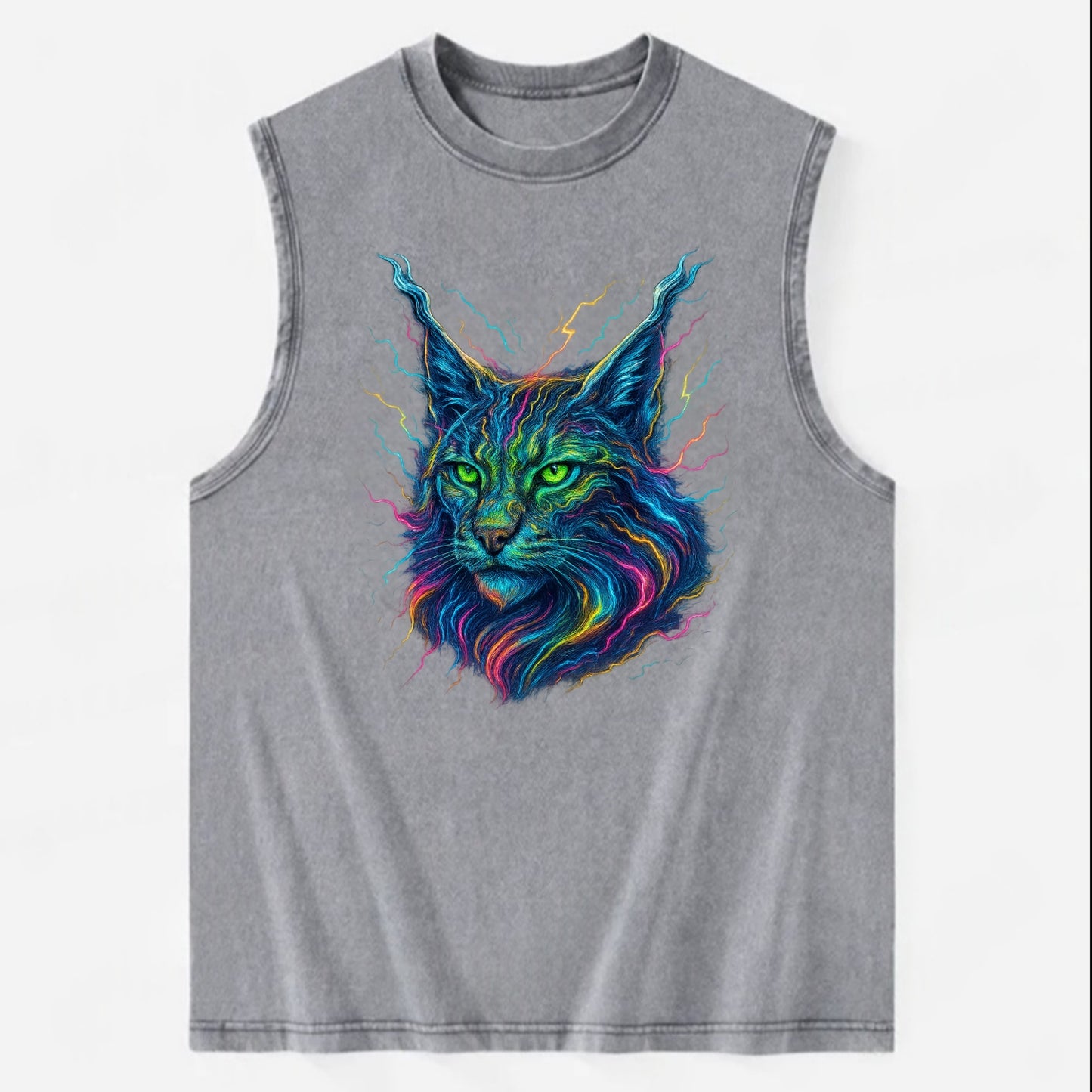 Wild lynx with ear tufts transforming into liquid mercury flows, silver and - Vintage Washed Tank - Grey