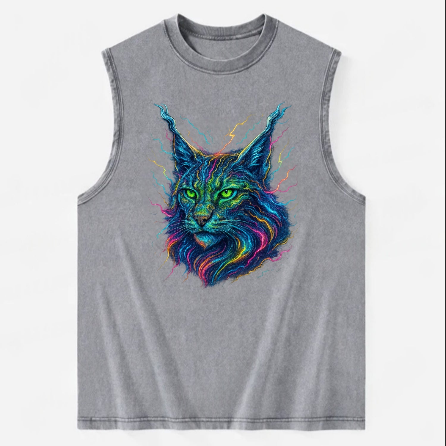 Wild lynx with ear tufts transforming into liquid mercury flows, silver and - Vintage Washed Tank - Grey